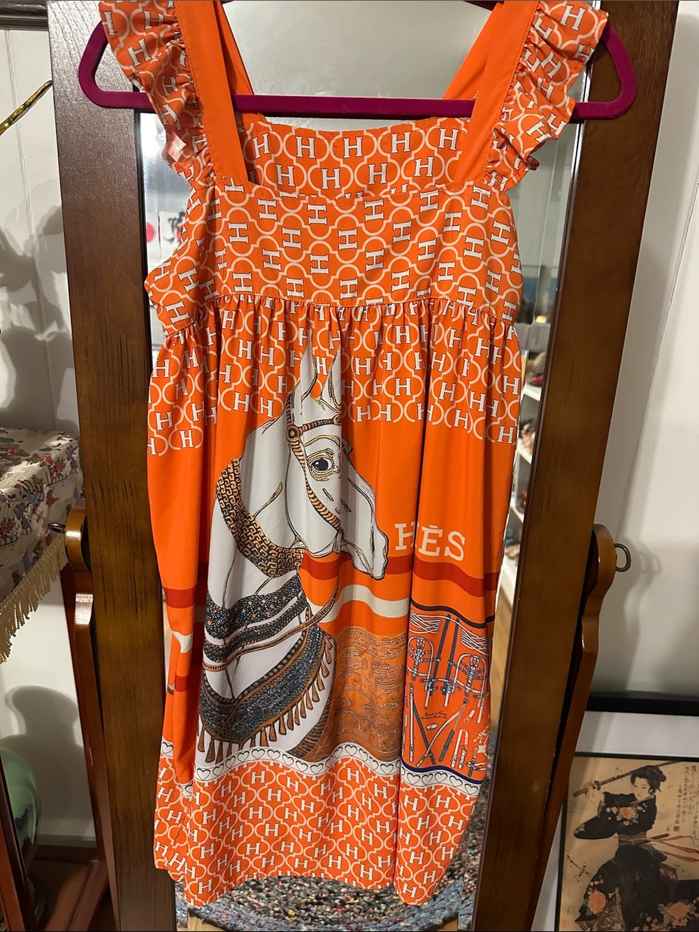 Cute Summertime Brightly Colored Ruffled Sleeves Orange Dress with Horse Print